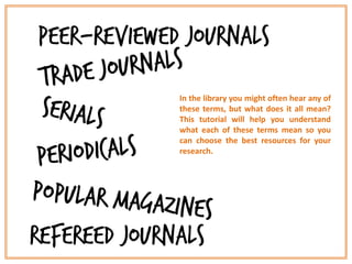 In the library you might often hear any of
these terms, but what does it all mean?
This tutorial will help you understand
what each of these terms mean so you
can choose the best resources for your
research.
 