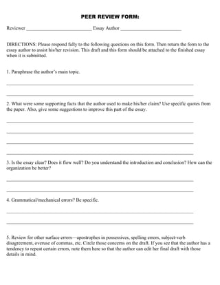 PEER REVIEW FORM:

Reviewer ___________________________ Essay Author _________________________


DIRECTIONS: Please respond fully to the following questions on this form. Then return the form to the
essay author to assist his/her revision. This draft and this form should be attached to the finished essay
when it is submitted.


1. Paraphrase the author’s main topic.

_____________________________________________________________________________

_____________________________________________________________________________

2. What were some supporting facts that the author used to make his/her claim? Use specific quotes from
the paper. Also, give some suggestions to improve this part of the essay.

_____________________________________________________________________________

_____________________________________________________________________________

_____________________________________________________________________________

_____________________________________________________________________________

3. Is the essay clear? Does it flow well? Do you understand the introduction and conclusion? How can the
organization be better?

_____________________________________________________________________________

_____________________________________________________________________________

4. Grammatical/mechanical errors? Be specific.

_____________________________________________________________________________

_____________________________________________________________________________


5. Review for other surface errors—apostrophes in possessives, spelling errors, subject-verb
disagreement, overuse of commas, etc. Circle those concerns on the draft. If you see that the author has a
tendency to repeat certain errors, note them here so that the author can edit her final draft with those
details in mind.
 