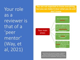 Your role
as a
reviewer is
that of a
‘peer
mentor’
(Way, et
al, 2021)
You are not expected to know everything,
but you can make it clear what you do and
don’t know
Four main
areas:
Do I understand the
methods?
Do I have a good idea of
who the audience is for
this journal? Can I stand
as a ‘representative’ of
that audience?
Do I know enough about
the content to
comment?
Have the authors told
me enough about the
context of the work that
I can make an
assessment?
Way DP, Bierer SB, Cianciolo AT, Gruppen L, Riddle JM,
Mavis B. Fundamentals of Scholarly Peer Review: A
Workshop for Health Professions Educators on Practicing
Scholarly Citizenship. MedEdPORTAL. 2021 Aug 2;17:11174.
 
