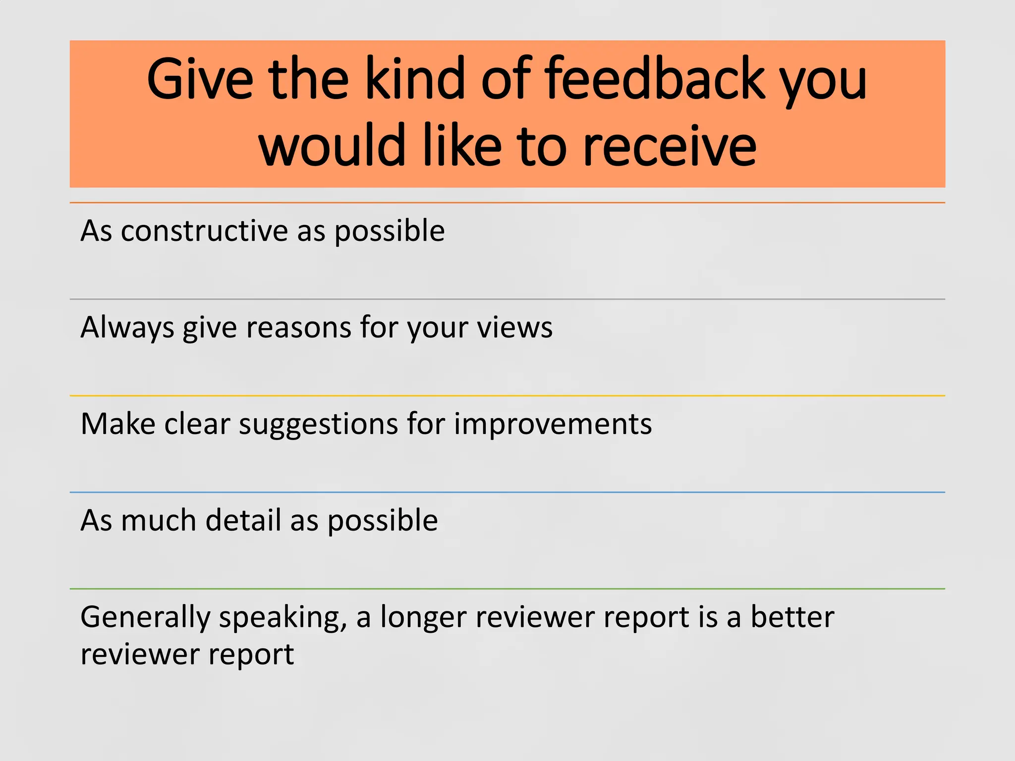 Give the kind of feedback you
would like to receive
As constructive as possible
Always give reasons for your views
Make clear suggestions for improvements
As much detail as possible
Generally speaking, a longer reviewer report is a better
reviewer report
 
