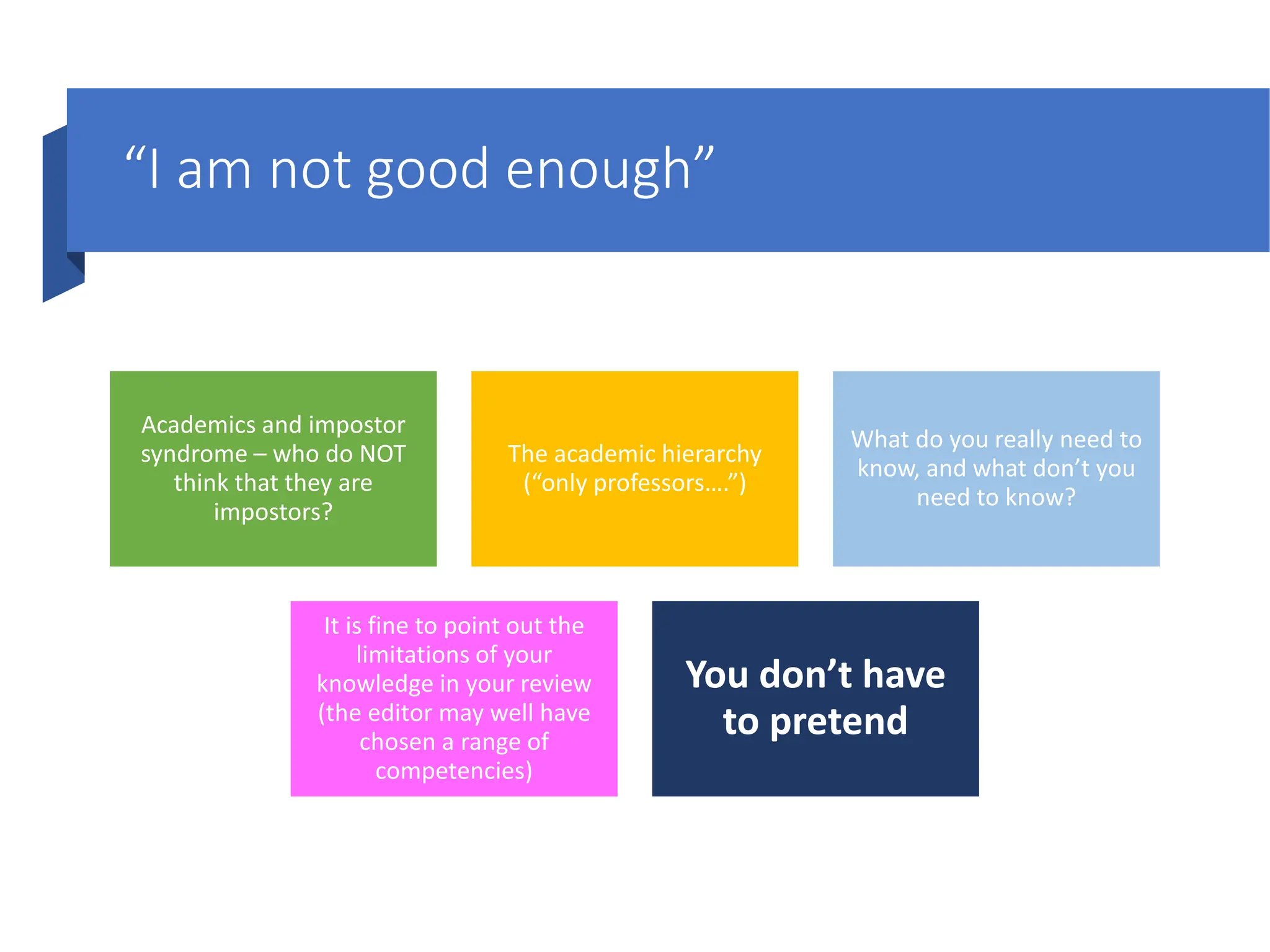 “I am not good enough”
Academics and impostor
syndrome – who do NOT
think that they are
impostors?
The academic hierarchy
(“only professors….”)
What do you really need to
know, and what don’t you
need to know?
It is fine to point out the
limitations of your
knowledge in your review
(the editor may well have
chosen a range of
competencies)
You don’t have
to pretend
 