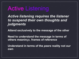 Active   Listening Active listening requires the listener to suspend their own thoughts and judgments Attend exclusively to   the message of the other Need to understand the message in terms of others meanin gs,  frames of reference Understand in terms of the   peers  reality not our   own 