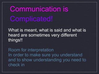 Communication is  Complicated! What is meant, what is said and what is heard are sometimes very different things!! Room for interpretation In order to make sure you understand and to show understanding you need to check in 