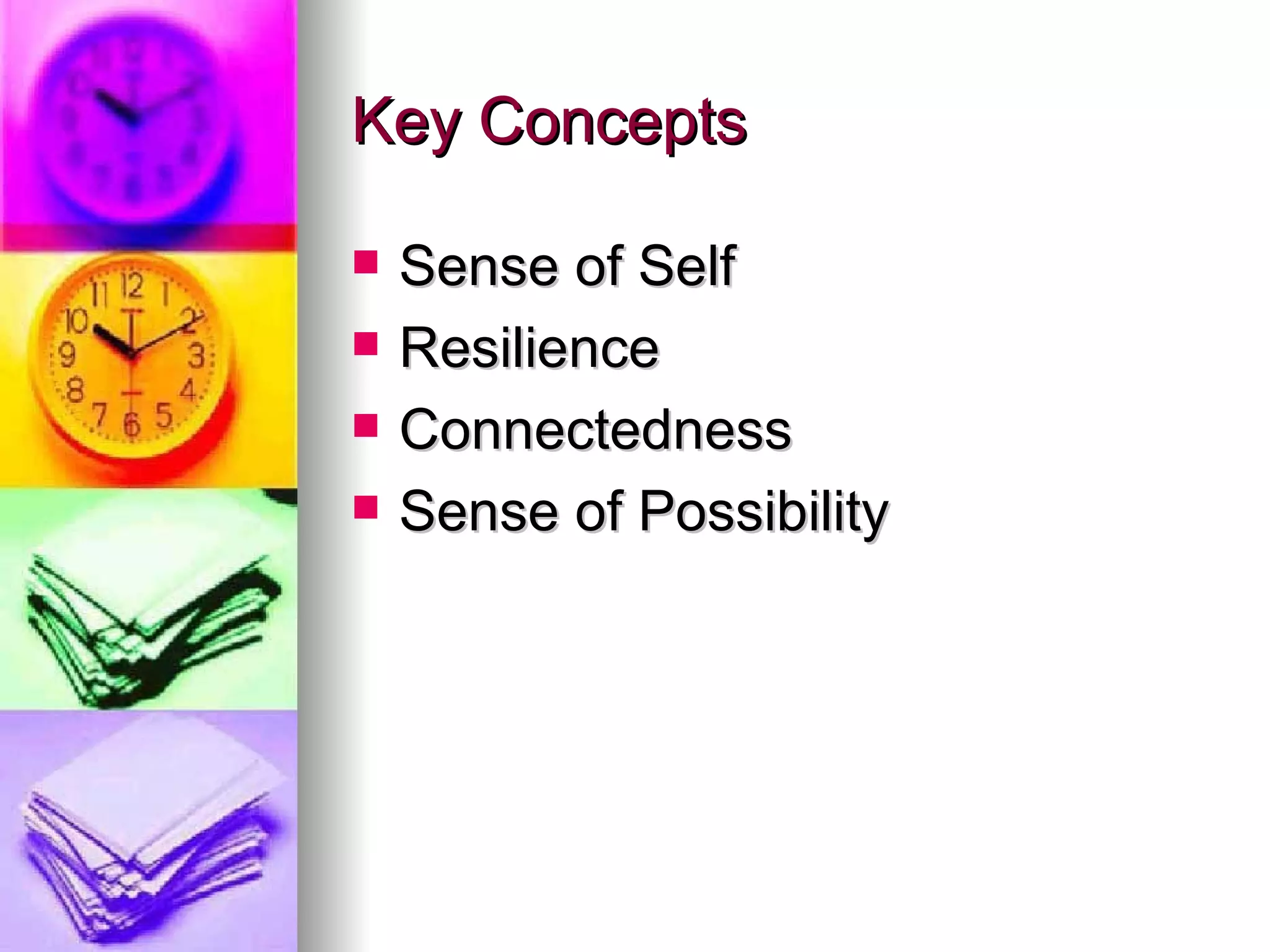 Key Concepts  Sense of Self Resilience Connectedness Sense of Possibility  
