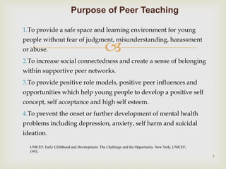 
1.To provide a safe space and learning environment for young
people without fear of judgment, misunderstanding, harassment
or abuse.
2.To increase social connectedness and create a sense of belonging
within supportive peer networks.
3.To provide positive role models, positive peer influences and
opportunities which help young people to develop a positive self
concept, self acceptance and high self esteem.
4.To prevent the onset or further development of mental health
problems including depression, anxiety, self harm and suicidal
ideation.
Purpose of Peer Teaching
UNICEF. Early Childhood and Development. The Challenge and the Opportunity. New York, UNICEF,
1993.
7
 