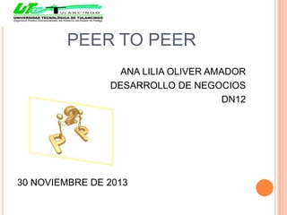 PEER TO PEER
ANA LILIA OLIVER AMADOR
DESARROLLO DE NEGOCIOS
DN12

30 NOVIEMBRE DE 2013

 