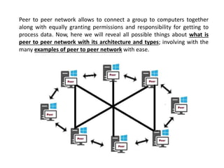 Peer to peer network allows to connect a group to computers together
along with equally granting permissions and responsibility for getting to
process data. Now, here we will reveal all possible things about what is
peer to peer network with its architecture and types; involving with the
many examples of peer to peer network with ease.
 