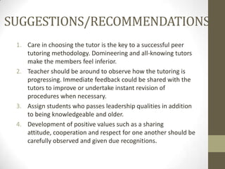 SUGGESTIONS/RECOMMENDATIONS
1. Care in choosing the tutor is the key to a successful peer
tutoring methodology. Domineering and all-knowing tutors
make the members feel inferior.
2. Teacher should be around to observe how the tutoring is
progressing. Immediate feedback could be shared with the
tutors to improve or undertake instant revision of
procedures when necessary.
3. Assign students who passes leadership qualities in addition
to being knowledgeable and older.
4. Development of positive values such as a sharing
attitude, cooperation and respect for one another should be
carefully observed and given due recognitions.

 