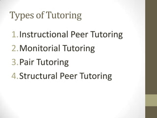 Types of Tutoring
1.Instructional Peer Tutoring
2.Monitorial Tutoring
3.Pair Tutoring
4.Structural Peer Tutoring

 