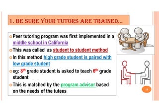 1. BE SURE YOUR TUTORS ARE TRAINED…
Peer tutoring program was first implemented in a
middle school in California
This was called as student to student method
In this method high grade student is paired with
low grade student
eg: 8th grade student is asked to teach 6th grade
student
This is matched by the program advisor based
on the needs of the tutees 23
 