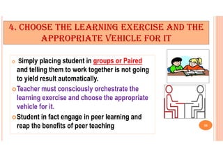 4. CHOOSE THE LEARNING EXERCISE AND THE
APPROPRIATE VEHICLE FOR IT
 Simply placing student in groups or Paired
and telling them to work together is not going
to yield result automatically.
Teacher must consciously orchestrate the
learning exercise and choose the appropriate
vehicle for it.
Student in fact engage in peer learning and
reap the benefits of peer teaching 26
 