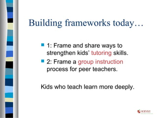 Building frameworks today…
 1: Frame and share ways to
strengthen kids’ tutoring skills.
 2: Frame a group instruction
process for peer teachers.
Kids who teach learn more deeply.
 