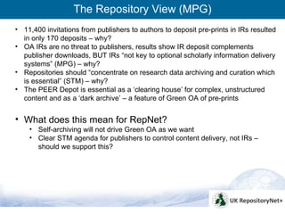 The Repository View (MPG)
• 11,400 invitations from publishers to authors to deposit pre-prints in IRs resulted
  in only 170 deposits – why?
• OA IRs are no threat to publishers, results show IR deposit complements
  publisher downloads, BUT IRs “not key to optional scholarly information delivery
  systems” (MPG) – why?
• Repositories should “concentrate on research data archiving and curation which
  is essential” (STM) – why?
• The PEER Depot is essential as a ‘clearing house’ for complex, unstructured
  content and as a ‘dark archive’ – a feature of Green OA of pre-prints


• What does this mean for RepNet?
    • Self-archiving will not drive Green OA as we want
    • Clear STM agenda for publishers to control content delivery, not IRs –
      should we support this?




                                                                                        5
 