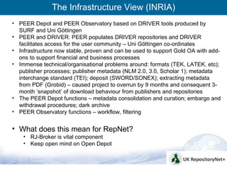 The Infrastructure View (INRIA)
• PEER Depot and PEER Observatory based on DRIVER tools produced by
  SURF and Uni Göttingen
• PEER and DRIVER: PEER populates DRIVER repositories and DRIVER
  facilitates access for the user community – Uni Göttingen co-ordinates
• Infrastructure now stable, proven and can be used to support Gold OA with add-
  ons to support financial and business processes
• Immense technical/organisational problems around: formats (TEK, LATEK, etc);
  publisher processes; publisher metadata (NLM 2.0, 3.0, Scholar 1); metadata
  interchange standard (TEI); deposit (SWORD/SONEX); extracting metadata
  from PDF (Grobid) – caused project to overrun by 9 months and consequent 3-
  month ‘snapshot’ of download behaviour from publishers and repositories
• The PEER Depot functions – metadata consolidation and curation; embargo and
  withdrawal procedures; dark archive
• PEER Observatory functions – workflow, filtering


• What does this mean for RepNet?
    • RJ-Broker is vital component
    • Keep open mind on Open Depot



                                                                                   6
 