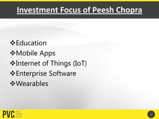 Investment Focus of Peesh Chopra
Education
Mobile Apps
Internet of Things (IoT)
Enterprise Software
Wearables
11
 