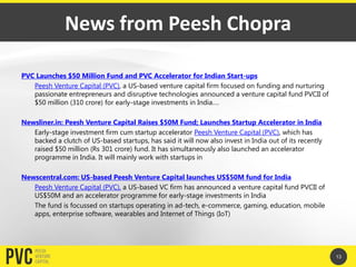 News from Peesh Chopra
PVC Launches $50 Million Fund and PVC Accelerator for Indian Start-ups
Peesh Venture Capital (PVC),...