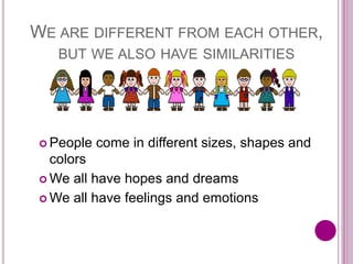 WE ARE DIFFERENT FROM EACH OTHER,
BUT WE ALSO HAVE SIMILARITIES
 People come in different sizes, shapes and
colors
 We all have hopes and dreams
 We all have feelings and emotions
 