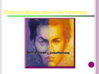 CONFLICT BEGINS WITHIN THE INDIVIDUAL.
Selfishness Unselfishness
 