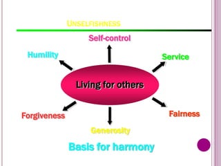 UNSELFISHNESS
77
Living for others
Self-control
Service
Fairness
Generosity
Forgiveness
Humility
Basis for harmony
 
