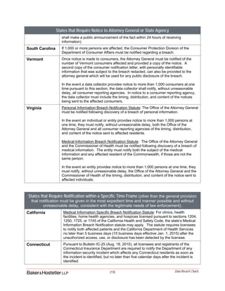 [13] Data Breach Charts
States that Require Notice to Attorney General or State Agency
shall make a public announcement of the fact within 24 hours of receiving
information).
South Carolina If 1,000 or more persons are affected, the Consumer Protection Division of the
Department of Consumer Affairs must be notified regarding a breach.
Vermont Once notice is made to consumers, the Attorney General must be notified of the
number of Vermont consumers affected and provided a copy of the notice. A
second copy of the consumer notification letter, with personally identifiable
information that was subject to the breach redacted, can also be provided to the
attorney general which will be used for any public disclosure of the breach.
In the event a data collector provides notice to more than 1,000 consumers at one
time pursuant to this section, the data collector shall notify, without unreasonable
delay, all consumer reporting agencies. In notice to a consumer reporting agency,
the data collector must include the timing, distribution, and content of the notices
being sent to the affected consumers.
Virginia Personal Information Breach Notification Statute: The Office of the Attorney General
must be notified following discovery of a breach of personal information.
In the event an individual or entity provides notice to more than 1,000 persons at
one time, they must notify, without unreasonable delay, both the Office of the
Attorney General and all consumer reporting agencies of the timing, distribution,
and content of the notice sent to affected residents.
Medical Information Breach Notification Statute: The Office of the Attorney General
and the Commissioner of Health must be notified following discovery of a breach of
medical information. The entity must notify both the subject of the medical
information and any affected resident of the Commonwealth, if those are not the
same person.
In the event an entity provides notice to more than 1,000 persons at one time, they
must notify, without unreasonable delay, the Office of the Attorney General and the
Commissioner of Health of the timing, distribution, and content of the notice sent to
affected individuals.
States that Require Notification within a Specific Time Frame (other than the general provision
that notification must be given in the most expedient time and manner possible and without
unreasonable delay, consistent with the legitimate needs of law enforcement).
California Medical Information Specific Breach Notification Statute: For clinics, health
facilities, home health agencies, and hospices licensed pursuant to sections 1204,
1250, 1725, or 1745 of the California Health and Safety Code, the state’s Medical
Information Breach Notification statute may apply. The statute requires licensees
to notify both affected patients and the California Department of Health Services
no later than 5 business days (15 business days effective Jan. 1, 2015) after the
unauthorized access, use, or disclosure has been detected by the licensee.
Connecticut Pursuant to Bulletin IC-25 (Aug. 18, 2010), all licensees and registrants of the
Connecticut Insurance Department are required to notify the Department of any
information security incident which affects any Connecticut residents as soon as
the incident is identified, but no later than five calendar days after the incident is
identified.
 
