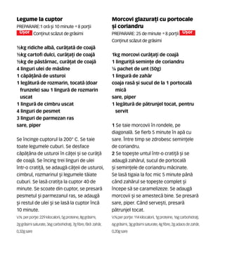 Legume la cuptor
Preparare:1 or` [i 10 minute •8 por]ii
U[or Con]inut sc`zut de gr`simi
½kg ridiche alb`, cur`]at` de coaj`
½kg cartofi dulci, cur`]a]i de coaj`
½kg de p`st=rnac, cur`]at de coaj`
4 linguri ulei de m`sline
1 c`p`]=n` de usturoi
1 leg`tur` de rozmarin, tocat` (doar
frunzele) sau 1 lingur` de rozmarin
uscat
1 lingur` de cimbru uscat
4 linguri de pesmet
3 linguri de parmezan ras
sare, piper
Se ncinge cuptorul la 200° C. Se taie
toate legumele cuburi. Se desface
c`p`]=na de usturoi n c`]ei [i se cur`]`
de coaj`. Se ncing trei linguri de ulei
ntr-o crati]`, se adaug` c`]eii de usturoi,
cimbrul, rozmarinul [i legumele t`iate
cuburi. Se las` crati]a la cuptor 40 de
minute. Se scoate din cuptor, se presar`
pesmetul [i parmezanul ras, se adaug`
[i restul de ulei [i se las` la cuptor nc`
10 minute.
V.N. per por]ie:229kilocalorii,5gproteine, 8ggr`simi,
2ggr`simi saturate,36g carbohidra]i,7gfibre, f`r` zah`r,
0,32gsare
Morcovi glazura]i cu portocale
[i coriandru
Preparare: 25 de minute •8 por]ii U[or
Con]inut sc`zut de gr`simi
1kg morcovi cur`]a]i de coaj`
1 linguri]` semin]e de coriandru
¼ pachet de unt (50g)
1 lingur` de zah`r
coaja ras` [i sucul de la 1 portocal`
mic`
sare, piper
1 leg`tur` de p`trunjel tocat, pentru
servit
1 Se taie morcovii n rondele, pe
diagonal`. Se fierb 5 minute n ap` cu
sare. |ntre timp se zdrobesc semin]ele
de coriandru.
2 Se tope[te untul ntr-o crati]` [i se
adaug` zah`rul, sucul de portocal`
[i semin]ele de coriandru m`cinate.
Se las` tigaia la foc mic 5 minute p=n`
când zah`rul se tope[te complet [i
ncepe s` se caramelizeze. Se adaug`
morcovii [i se amestec` bine. Se presar`
sare, piper. C=nd serve[ti, presar`
p`trunjel tocat.
V.N.perpor]ie: 114 kilocalorii,1gproteine,16gcarbohidra]i,
6ggr`simi, 3ggr`simisaturate,4gfibre,2gadaosdezah`r,
0,20gsare
 