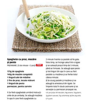 Spaghete cu praz, maz`re
[i pesto
Preparare: 25 de minute •2 por]ii U[or
175g de spaghete
140g de maz`re congelat`
1 lingur` ulei de m`sline
2 fire de praz, tocate m`runt
1 lingur` de pesto
parmezan, pentru servire
1 Se fierb spaghetele urmând instruc]i-
unile de pe ambalaj. Se adaug` maz`rea
n apa n care fierb spaghetele cu
2 minute nainte ca pastele s` fie gata.
|ntre timp, se ncinge uleiul ntr-o tigaie
[i se soteaz` prazul timp de 5 minute,
p=n` se nmoaie. Se adaug` apoi pesto
[i trei linguri din apa n care au fiert
pastele cu maz`rea [i se fierbe totul
c=teva minute.
2 Se scurg pastele [i maz`rea [i se
adaug` la amestecul din tigaie. Se
mparte totul n dou` castroane [i se
serve[te cu parmezan proaspat ras.
V.N. perpor]ie: 447 kilocalorii,18gproteine,10ggr`simi,
2ggr`simisaturate, 75gcarbohidra]i,9gfibre,8gzah`r,
0,11 g sare
 