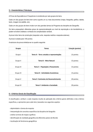 5 – Características / Estrutura
A Prova de Equivalência à Frequência é constituída por seis grupos de itens.
Cada um dos grupos de itens tem como suporte um ou mais documentos (mapa, fotografia, gráfico, tabela,
texto, imagem de satélite, etc).
Cada um dos grupos de itens incide num dos grandes temas do Programa da disciplina de Geografia.
Os itens pressupõem diferentes graus de operacionalização ao nível da reprodução e da transferência, e
podem envolver análises e sínteses de complexidade variável.
A prova inclui itens de construção (resposta curta, resposta restrita e resposta extensa).
A prova é cotada para 100 pontos.
A estrutura da prova sintetiza-se no quadro seguinte:
Grupos Temas Cotação (pontos)
Grupo I Tema A – Terra: estudos e representações 15 pontos
Grupo II Tema B – Meio Natural 15 pontos
Grupo III Tema C – População e Povoamento 15 pontos
Grupo IV Tema D – Actividades Económicas 15 pontos
Grupo V Tema E- Contrastes de Desenvolvimento 20 pontos
Grupo VI Tema F- Ambiente e Sociedade 20 pontos
6 – Critérios Gerais de Classificação
A classificação a atribuir a cada resposta resulta da aplicação dos critérios gerais definidos e dos critérios
específicos, a apresentar para cada item, baseados nos seguintes aspetos:
- objetividade e clareza da resposta
- interpretação de conceitos específicos da disciplina de Geografia
- análise correcta de mapas e gráficos
- identificação da realidade geográfica de diferentes países do Mundo
–localização de fenómenos geográficos
 