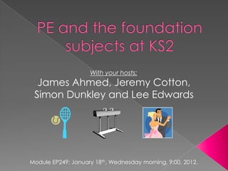 With your hosts:
  James Ahmed, Jeremy Cotton,
 Simon Dunkley and Lee Edwards




Module EP249: January 18th, Wednesday morning, 9:00, 2012.
 
