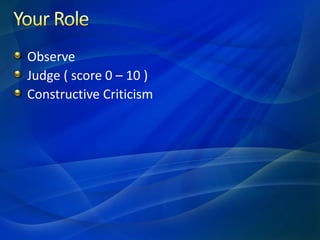 Observe
Judge ( score 0 – 10 )
Constructive Criticism
 