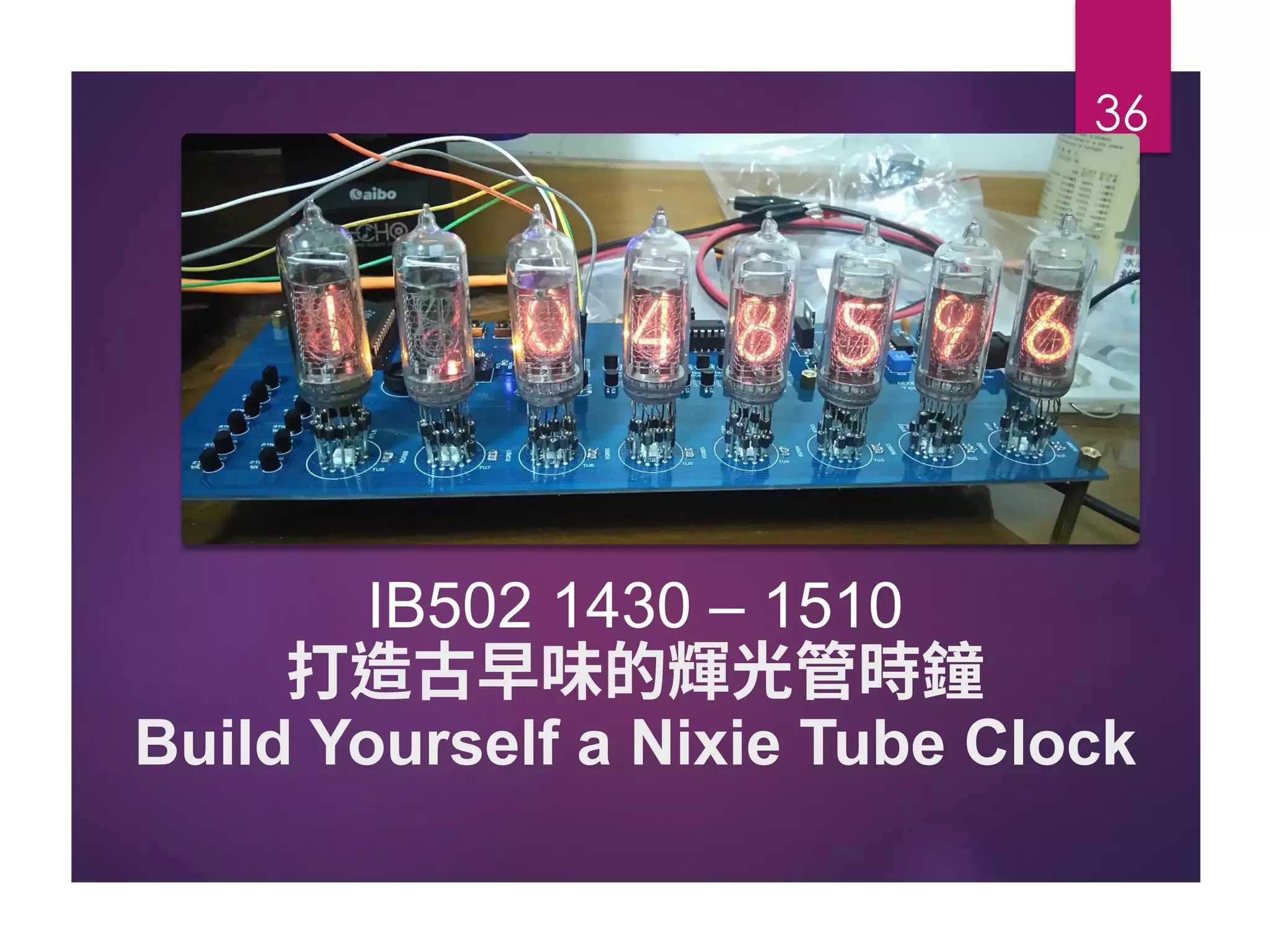 IB502 1430 – 1510
Build Yourself a Nixie Tube Clock
36
 