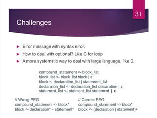 Challenges
 Error message with syntax error.
 How to deal with optional? Like C for loop
 A more systematic way to deal with large language, like C.
31
compound_statement <- block_list
block_list <- block_list block | ε
block <- declaration_list | statement_list
declaration_list <- declaration_list declaration | ε
statement_list <- statment_list statement | ε
// Wrong PEG
compound_statement <- block*
block <- declaration* ~ statement*
// Correct PEG
compound_statement <- block*
block <- (declaration | statement)+
 