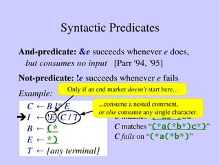 Syntactic Predicates
And­predicate: &e succeeds whenever e does,
but consumes no input [Parr '
94, '
95]
Not­predicate: !e...