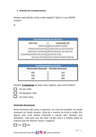 3 | P a g
Desenvolvido por Renan Real @renanrealoficial
1. Reunião de Commpromisso
Porque você decidiu iniciar neste negócio? Qual é o seu MAIOR
motivo?
R:
Existem 3 maneiras de fazer esse negócio, qual você prefere?
Do seu Jeito
De Qualquer Jeito
Do Jeito Certo
Controle Emocional
Seres Humanos são como a natureza, um ciclo de emoções. As marés
avançam as marés recuam, finda-se o inverno se inicia o verão. Em
alguns dias você estará motivado e outros não. Quando isso
acontecer, você quer que seu líder vá até você e o lembre sobre os
motivos que lhe fizeram iniciar o negócio?
SIM NÃO
90% 10%
50% 50%
ACOMPANHAMENTO 30 DIAS
10% 90%
Patrocinador (Executar) Consultor (Executor)
 