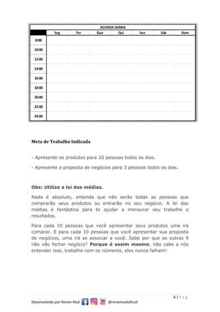 6 | P a g
Desenvolvido por Renan Real @renanrealoficial
Meta de Trabalho Indicada
- Apresente os produtos para 20 pessoas todos os dias.
- Apresente a proposta de negócios para 3 pessoas todos os dias.
Obs: Utilize a lei das médias.
Nada é absoluto, entenda que não serão todas as pessoas que
comprarão seus produtos ou entrarão no seu negócio. A lei das
médias é fantástica para te ajudar a mensurar seu trabalho e
resultados.
Para cada 10 pessoas que você apresentar seus produtos uma irá
comprar. E para cada 10 pessoas que você apresentar sua proposta
de negócios, uma irá se associar a você. Sabe por que as outras 9
não vão fechar negócio? Porque é assim mesmo, não cabe a nós
entender isso, trabalhe com os números, eles nunca falham!
Seg Ter Qua Qui Sex Sáb Dom
8:00
10:00
12:00
14:00
16:00
18:00
20:00
22:00
24:00
AGENDA DIÁRIA
 