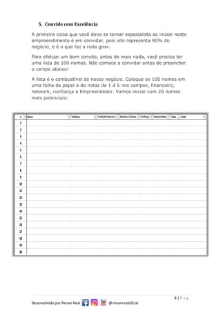 8 | P a g
Desenvolvido por Renan Real @renanrealoficial
5. Convide com Excelência
A primeira coisa que você deve se tornar especialista ao iniciar neste
empreendimento é em convidar, pois isto representa 90% do
negócio, e é o que faz a roda girar.
Para efetuar um bom convite, antes de mais nada, você precisa ter
uma lista de 100 nomes. Não comece a convidar antes de preencher
o campo abaixo!
A lista é o combustível do nosso negócio. Coloque os 100 nomes em
uma folha de papel e de notas de 1 á 5 nos campos, financeiro,
network, confiança e Empreendedor. Vamos iniciar com 20 nomes
mais potenciais:
# Nome Telefone CondiçãoFinanceira Network/Carisma Confiança Empreendedor Total Hank
1
2
3
4
5
6
7
8
9
10
11
12
13
14
15
16
17
18
19
20
 