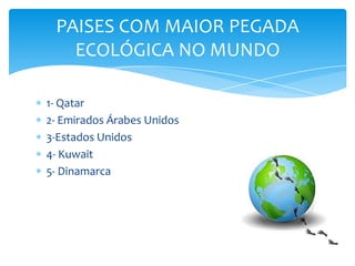 PAISES COM MAIOR PEGADA
   ECOLÓGICA NO MUNDO

1- Qatar
2- Emirados Árabes Unidos
3-Estados Unidos
4- Kuwait
5- Dinamarca
 