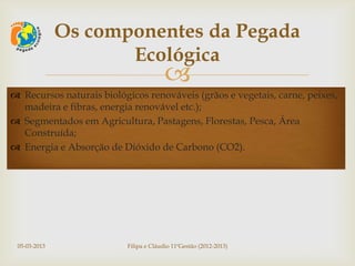 Os componentes da Pegada
                     Ecológica
                                        
 Recursos naturais biológicos renováveis (grãos e vegetais, carne, peixes,
  madeira e fibras, energia renovável etc.);
 Segmentados em Agricultura, Pastagens, Florestas, Pesca, Área
  Construída;
 Energia e Absorção de Dióxido de Carbono (CO2).




 05-03-2013               Filipa e Cláudio 11ºGestão (2012-2013)
 