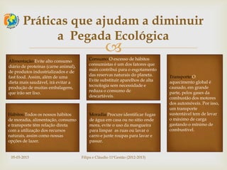 Práticas que ajudam a diminuir
             a Pegada Ecológica
                                                    
                                          Consumo:O excesso de hábitos
Alimentação:Evite alto consumo
                                          consumistas é um dos fatores que
diário de proteínas (carne animal),
                                          mais contribui para o esgotamento
de produtos industrializados e de
fast food. Assim, além de uma             das reservas naturais do planeta.    Transporte:O
dieta mais saudável, irá evitar a         Evite substituir aparelhos de alta   aquecimento global é
produção de muitas embalagens,            tecnologia sem necessidade e         causado, em grande
que irão ser lixo.                        reduza o consumo de                  parte, pelos gases da
                                          descartáveis.                        combustão dos motores
                                                                               dos automóveis. Por isso,
                                                                               um transporte
Hábitos:Todos os nossos hábitos           Moradia:Procure identificar fugas    sustentável tem de levar
de moradia, alimentação, consumo          de água em casa ou no sitio onde     o máximo de carga
e transporte têm relação direta           mora, evite o uso da mangueira       gastando o mínimo de
com a utilização dos recursos             para limpar as ruas ou lavar o       combustível.
naturais, assim como nossas               carro e junte roupas para lavar e
opções de lazer.                          passar.


 05-03-2013                           Filipa e Cláudio 11ºGestão (2012-2013)
 