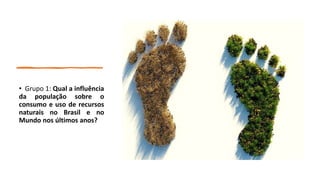 • Grupo 1: Qual a influência
da população sobre o
consumo e uso de recursos
naturais no Brasil e no
Mundo nos últimos anos?
 