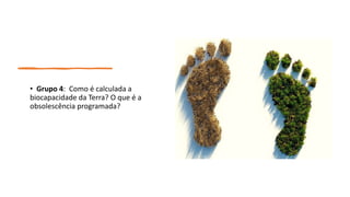• Grupo 4: Como é calculada a
biocapacidade da Terra? O que é a
obsolescência programada?
 