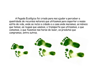 A Pegada Ecológica foi criada para nos ajudar a perceber a
quantidade de recursos naturais que utilizamos para suportar o nosso
estilo de vida, onde se inclui a cidade e a casa onde moramos, os móveis
que temos, as roupas que usamos, o transporte que utilizamos, o que
comemos, o que fazemos nas horas de lazer, os produtos que
compramos, entre outros.
 