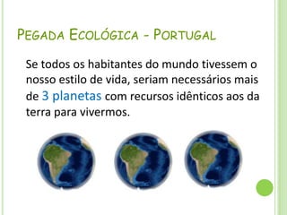 Pegada Ecológica - PortugalSe todos os habitantes do mundo tivessem o nosso estilo de vida, seriam necessários mais de 3 planetas com recursos idênticos aos da terra para vivermos.