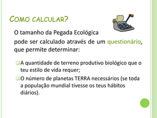 Como calcular?	O tamanho da Pegada Ecológicapode ser calculado através de um questionário, que permite determinar:Aquantidade de terreno produtivo biológico que o teu estilo de vida requer;