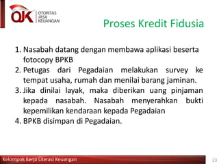 Proses Kredit Fidusia
Kelompok Kerja Literasi Keuangan 23
1. Nasabah datang dengan membawa aplikasi beserta
fotocopy BPKB
2. Petugas dari Pegadaian melakukan survey ke
tempat usaha, rumah dan menilai barang jaminan.
3. Jika dinilai layak, maka diberikan uang pinjaman
bukti
kepada nasabah. Nasabah menyerahkan
kepemilikan kendaraan kepada Pegadaian
4. BPKB disimpan di Pegadaian.
 