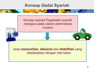 Konsep Gadai Syariah
6
Konsep operasi Pegadaian syariah
mengacu pada sistem administrasi
modern
azas rasionalitas, efisiensi dan efektifitas yang
diselaraskan dengan nilai Islam.
 
