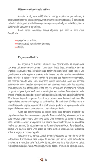 12
	 Métodos de Observação Indireta
	
	 Através de algumas evidências ou vestígios deixados por animais, é
possívelconfirmarseessesanimaisvivememumadeterminadaárea. Éochamado
método indireto, pois possibilita comprovar a presença de alguns indivíduos, sem a
observação “verdadeira” do animal.
	 Entre essas evidências temos algumas que ocorrem com mais
freqüência:
	 pegadas ou rastros;
	 vocalização ou canto dos animais;
	 fezes.
	 Pegadas ou Rastros
	 As pegadas de animais silvestres são basicamente as impressões
que eles deixam ao se deslocarem numa determinada área. A qualidade dessas
impressões vai variar de acordo com o tipo de terreno e também a época do ano. Em
geral terrenos mais argilosos e a época de chuvas permitem melhores condições
para “marcar” a pegada de um animal. As pegadas são facilmente observadas,
até mesmo quando você está realizando outras atividades. Além da simples
observação, você também pode preparar um pequeno mostruário das pegadas
encontradas na sua propriedade. Para isso, vai ser preciso preparar uma mistura
de gesso em pó e água, até formar uma solução bem pastosa. Despeje este caldo
grosso em cima da pegada e espere até que o gesso endureça, aproximadamente
10 minutos. Aguarde o gesso ficar firme e retire-o com bastante cuidado. Os
especialistas chamam essa peça de contramolde. Se você tiver dúvidas sobre a
identificação da pegada do animal, o contramolde poderá ser apresentado para
especialistas ou mesmo para pessoas com mais experiência.
	 Além dos contramoldes de gesso, você pode também fotografar as
pegadas ou desenhar o contorno da pegada. No caso de fotografia é sempre bom
você colocar algum objeto que sirva como uma referência de tamanho (régua,
pilha, caneta...). Assim uma pessoa que olhar a foto mais tarde, vai ter uma idéia
melhor do tamanho da pegada e mesmo do animal que a deixou. Para desenhar,
ponha um plástico sobre uma placa de vidro, ambos transparentes. Disponha
sobre a pegada e copie a pegada.
	 Nesta cartilha, iremos utilizar algumas espécies de mamíferos como
indicadores. Escolhemos esse grupo de animais por serem bons indicadores
ambientais e também pela facilidade de reconhecimento e identificação pelos
moradores das áreas rurais. Mais ainda, muitos desses animais, ao se deslocarem,
 