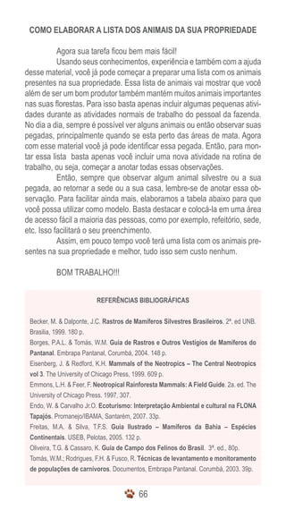 66
COMO ELABORAR A LISTA DOS ANIMAIS DA SUA PROPRIEDADE
	 Agora sua tarefa ficou bem mais fácil!
	 Usando seus conhecimentos, experiência e também com a ajuda
desse material, você já pode começar a preparar uma lista com os animais
presentes na sua propriedade. Essa lista de animais vai mostrar que você
além de ser um bom produtor também mantém muitos animais importantes
nas suas florestas. Para isso basta apenas incluir algumas pequenas ativi-
dades durante as atividades normais de trabalho do pessoal da fazenda.
No dia a dia, sempre é possível ver alguns animais ou então observar suas
pegadas, principalmente quando se esta perto das áreas de mata. Agora
com esse material você já pode identificar essa pegada. Então, para mon-
tar essa lista basta apenas você incluir uma nova atividade na rotina de
trabalho, ou seja, começar a anotar todas essas observações.
	 Então, sempre que observar algum animal silvestre ou a sua
pegada, ao retornar a sede ou a sua casa, lembre-se de anotar essa ob-
servação. Para facilitar ainda mais, elaboramos a tabela abaixo para que
você possa utilizar como modelo. Basta destacar e colocá-la em uma área
de acesso fácil a maioria das pessoas, como por exemplo, refeitório, sede,
etc. Isso facilitará o seu preenchimento.
	 Assim, em pouco tempo você terá uma lista com os animais pre-
sentes na sua propriedade e melhor, tudo isso sem custo nenhum.
	 BOM TRABALHO!!!
REFERÊNCIAS BIBLIOGRÁFICAS
Becker, M. & Dalponte, J.C. Rastros de Mamíferos Silvestres Brasileiros. 2ª. ed UNB.
Brasilia, 1999. 180 p.
Borges, P.A.L. & Tomás, W.M. Guia de Rastros e Outros Vestígios de Mamíferos do
Pantanal. Embrapa Pantanal, Corumbá, 2004. 148 p.
Eisenberg, J. & Redford, K.H. Mammals of the Neotropics – The Central Neotropics
vol 3. The University of Chicago Press, 1999. 609 p.
Emmons, L.H. & Feer, F. Neotropical Rainforesta Mammals: A Field Guide. 2a. ed. The
University of Chicago Press. 1997, 307.
Endo, W. & Carvalho Jr.O. Ecoturismo: Interpretação Ambiental e cultural na FLONA
Tapajós. Promanejo/IBAMA, Santarém, 2007. 33p.
Freitas, M.A. & Silva, T.F.S. Guia Ilustrado – Mamíferos da Bahia – Espécies
Continentais. USEB, Pelotas, 2005. 132 p.
Oliveira, T.G. & Cassaro, K. Guia de Campo dos Felinos do Brasil. 3ª. ed., 80p.
Tomás, W.M.; Rodrigues, F.H. & Fusco, R. Técnicas de levantamento e monitoramento
de populações de carnívoros. Documentos, Embrapa Pantanal. Corumbá, 2003. 39p.
 