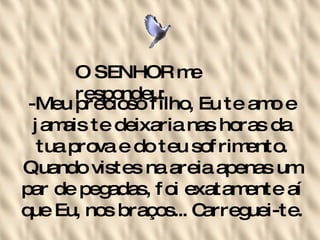 O SENHOR me respondeu:   -Meu precioso filho, Eu te amo e jamais te deixaria nas horas da tua prova e do teu sofrimento. Quando vistes na areia apenas um par de pegadas, foi exatamente aí que Eu, nos braços... Carreguei-te.   