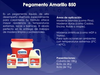 Presentaciones:
Cubeta de 18Kg
Bote de 4Kg
Bote de 1Kg
Áreas de aplicación:
Maderas blandas (como Pino).
Maderas duras (como Caoba,
Encino, Roble o Maple).
Maderas sintéticas (como MDF o
Triplay).
Para aplicaciones en ambientes
con temperaturas extremas (5°C
– 45°C).
Es un pegamento líquido de alto
desempeño diseñado especialmente
para carpinteros. Su fórmula ofrece
mayor resistencia a temperaturas
extremas, lacas y barnices. El aliado
perfecto en la entrega de trabajos
de madera limpios y profesionales.
 
