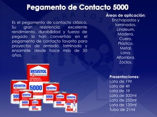 Presentaciones:
Lata de 19lt
Lata de 4lt
Lata de 1lt
Lata de 500ml
Lata de 250ml
Lata de 135ml
Tubo de 21ml
Áreas de aplicación:
Enchapados y
laminados.
Linoleum.
Madera.
Cuero.
Plástico.
Metal.
Lona.
Alfombra.
Zoclos.
Es el pegamento de contacto clásico.
Su gran resistencia, excelente
rendimiento, durabilidad y fuerza de
pegado lo han convertido en el
pegamento de contacto favorito para
proyectos de armado, laminado y
ensamble desde hace más de 50
años.
 